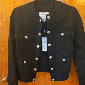 L'AGENCE Yari Collarless Denim Jacket with Silver Accents